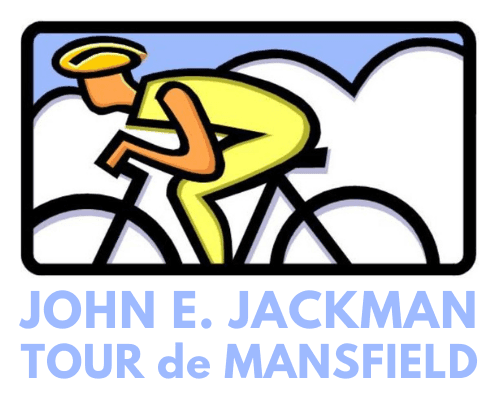 Cartoon of person riding a bicycle with text: John E. Jackman Tour de Mansfield