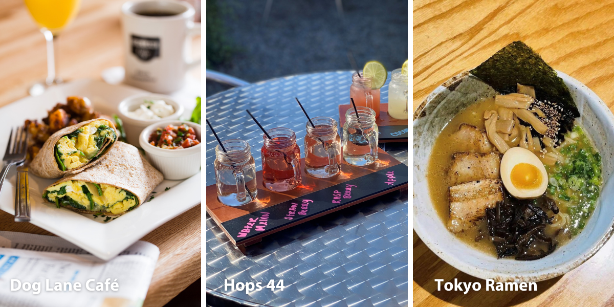 Breakfast plate with coffee - Mini margarita glasses on a tray - Bowl of ramen