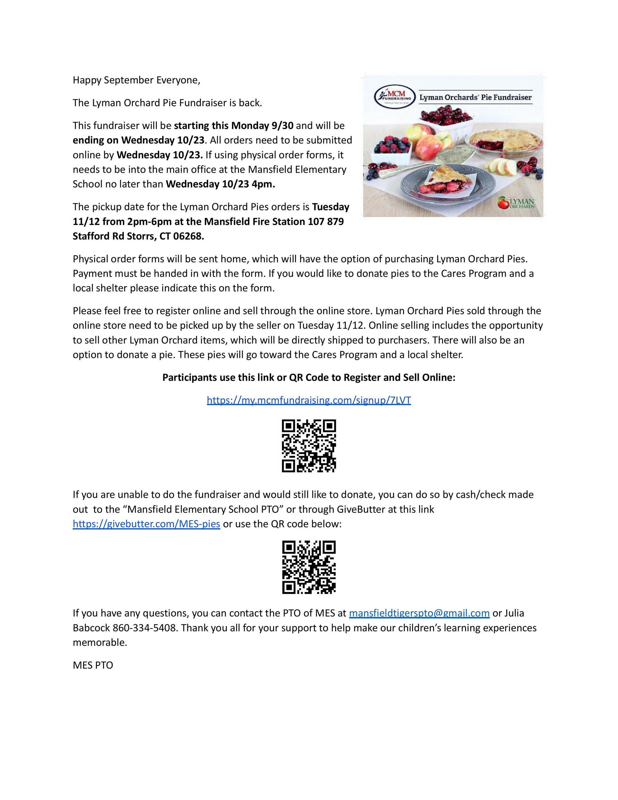 MES PTO Lyman Orchard Pie Fundraiser Flyer 2024