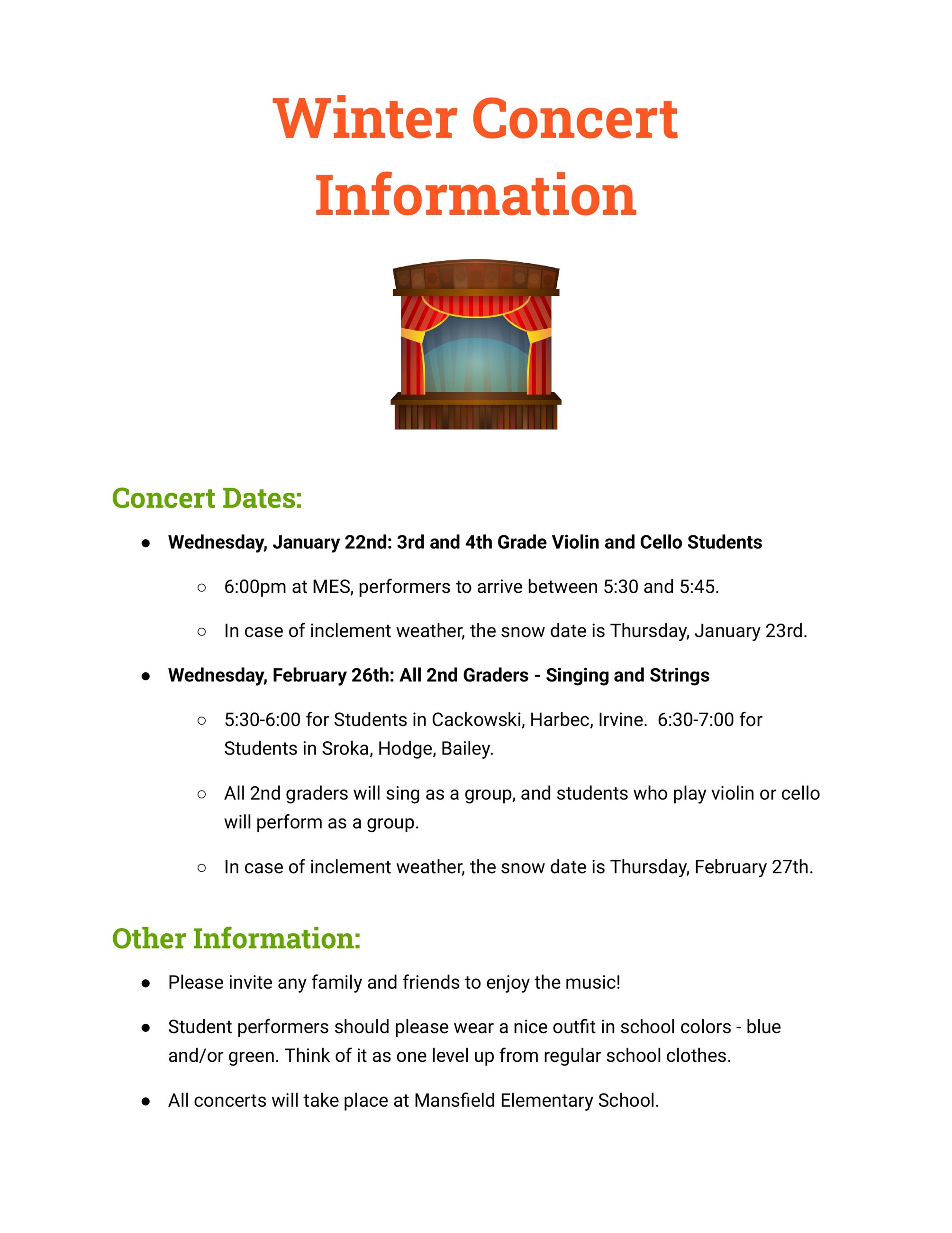 MES Winter Concert Information 2025