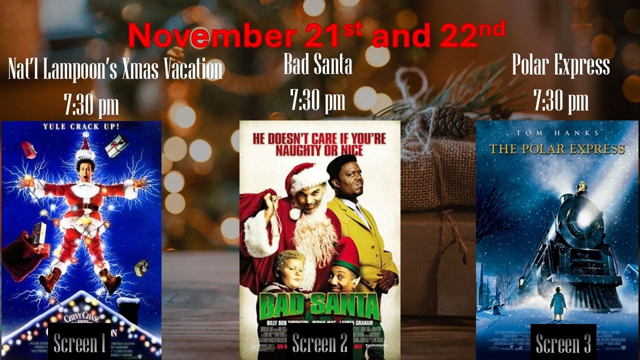 Three movie posters with showing times for Mansfield Drive-In Theatre for Nov 21 and 22, 2025