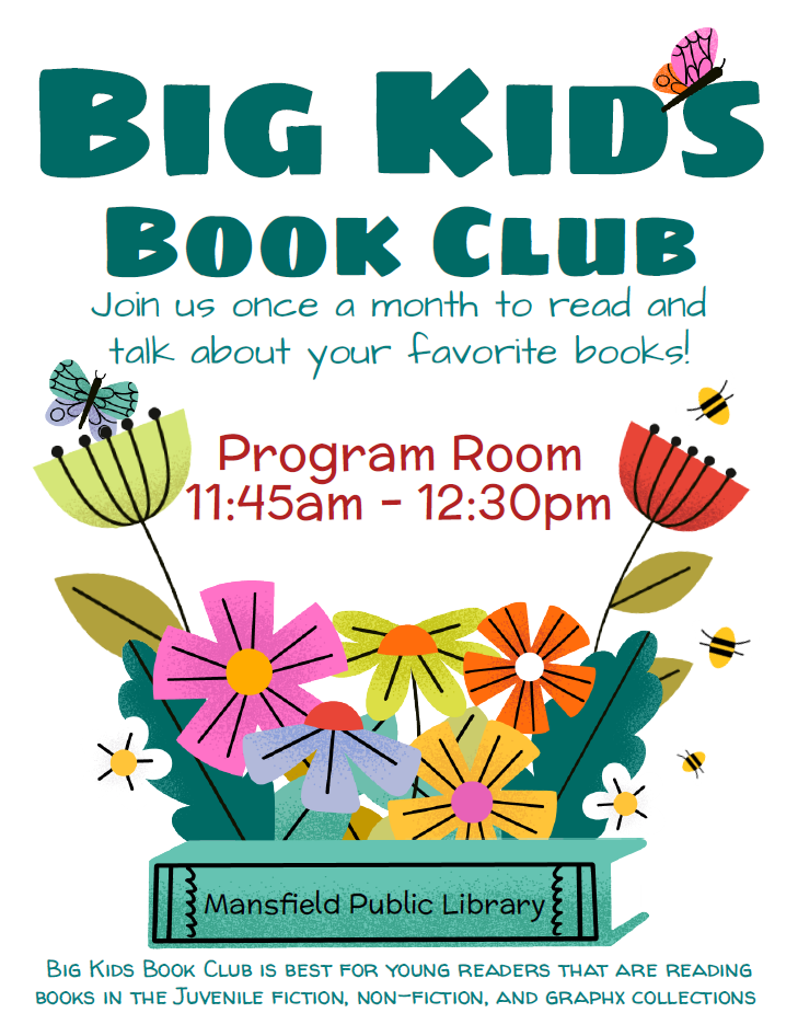 Big Kid Book Club information flyer with illustration of flowers and butterflies