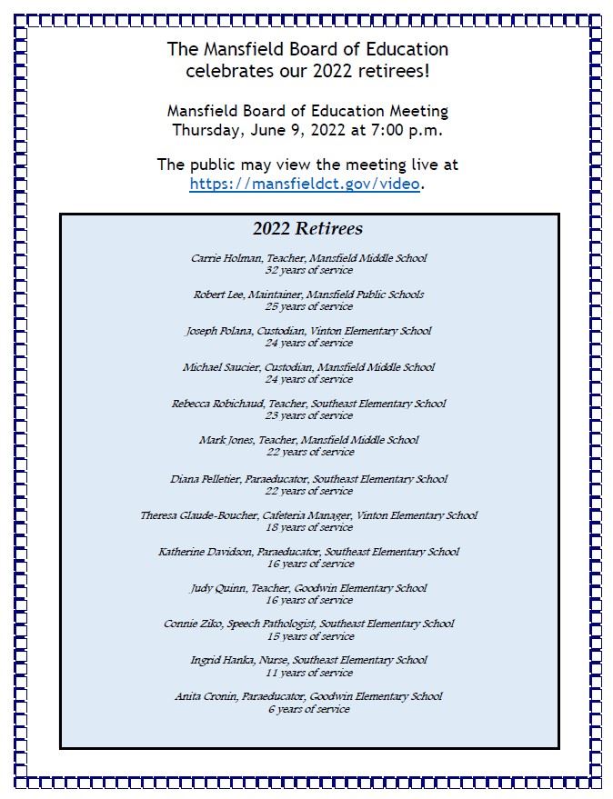 Mansfield Public Schools Retirees 2022
