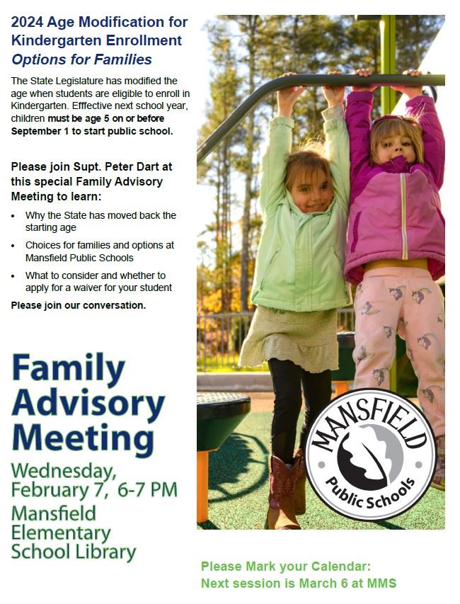 Family Advisory Meeting Feb 7 about Kindergarten enrollment age changes in 2024