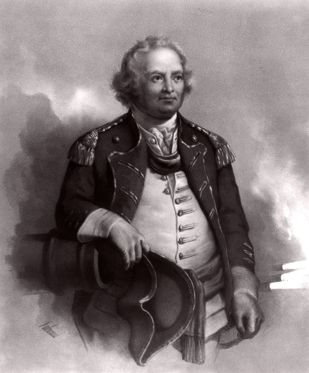A hand-drawn portrait of General Israel Putnam, appears to be of charcoal or pencil